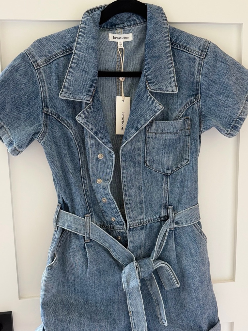 Heartloom Light Blue Denim Romper with Waist Tie